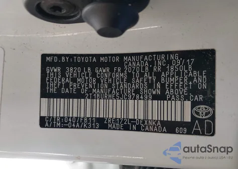 2018 Toyota Corolla Le from USA, damaged, VIN 2T1BURHE5JC978499